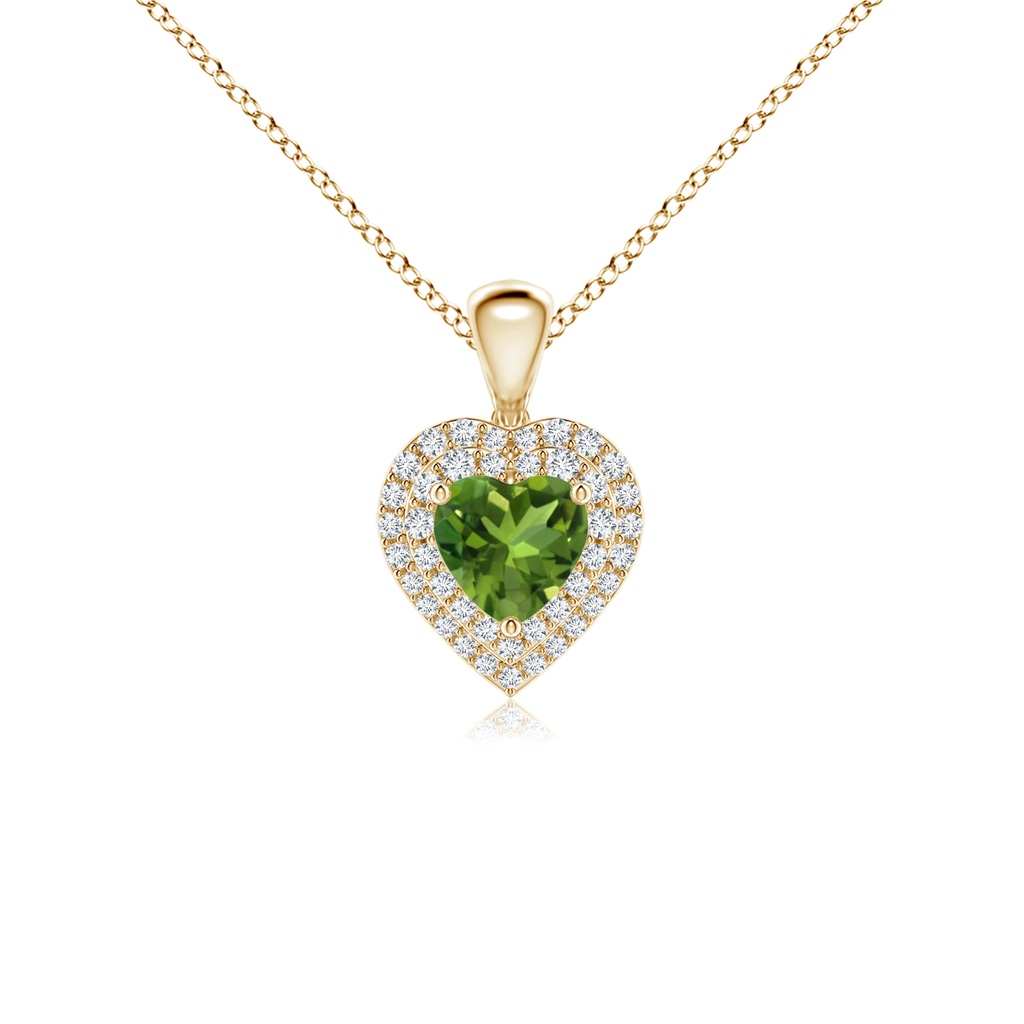 5mm AAAA Peridot Heart Pendant with Diamond Double Halo in Yellow Gold