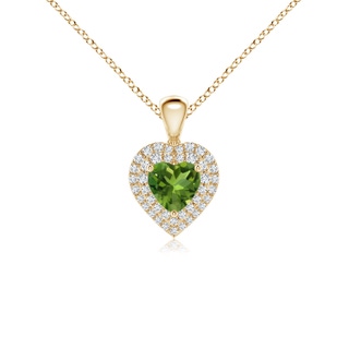 5mm AAAA Peridot Heart Pendant with Diamond Double Halo in Yellow Gold