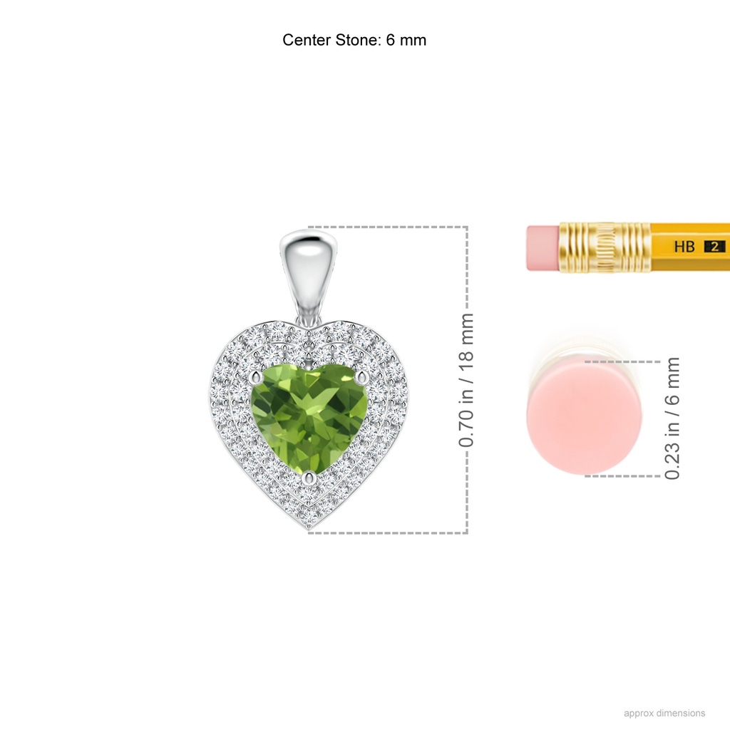 6mm AAA Peridot Heart Pendant with Diamond Double Halo in White Gold Ruler