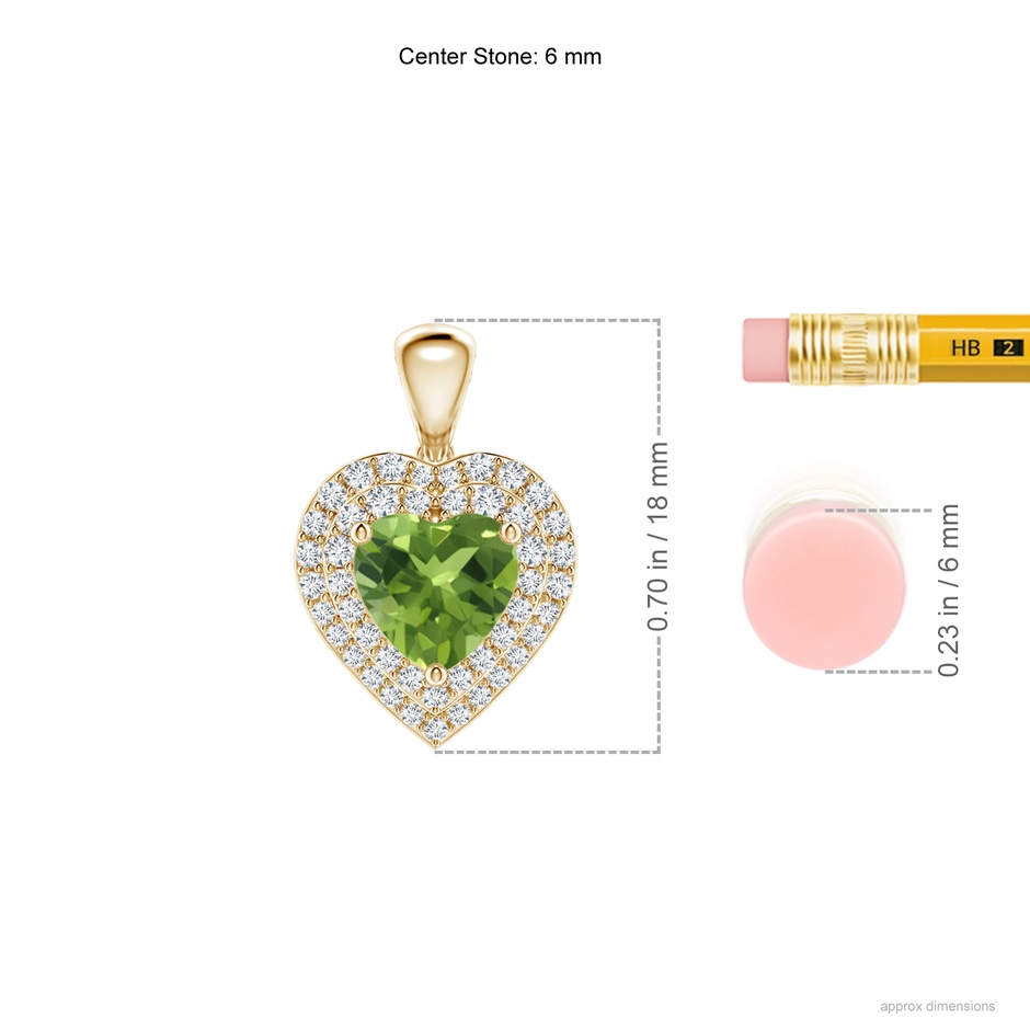 6mm AAA Peridot Heart Pendant with Diamond Double Halo in Yellow Gold ruler