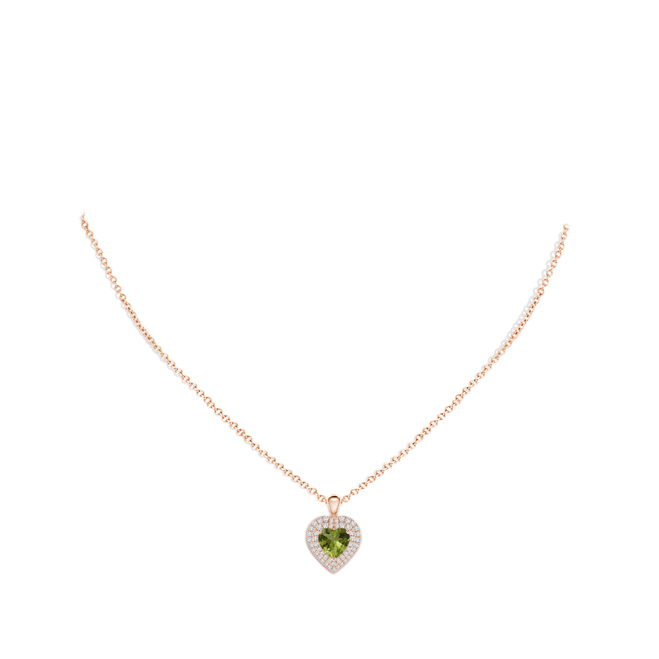 7mm A Peridot Heart Pendant with Diamond Double Halo in Rose Gold body-neck