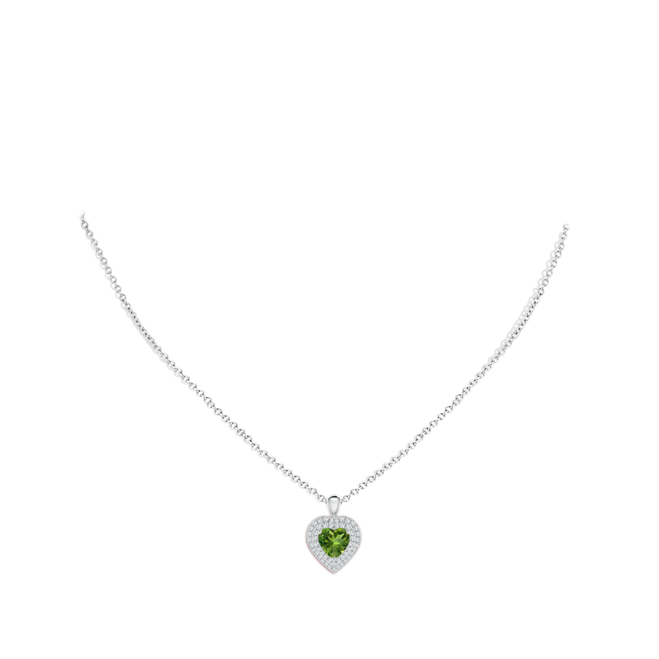 7mm AAAA Peridot Heart Pendant with Diamond Double Halo in P950 Platinum body-neck