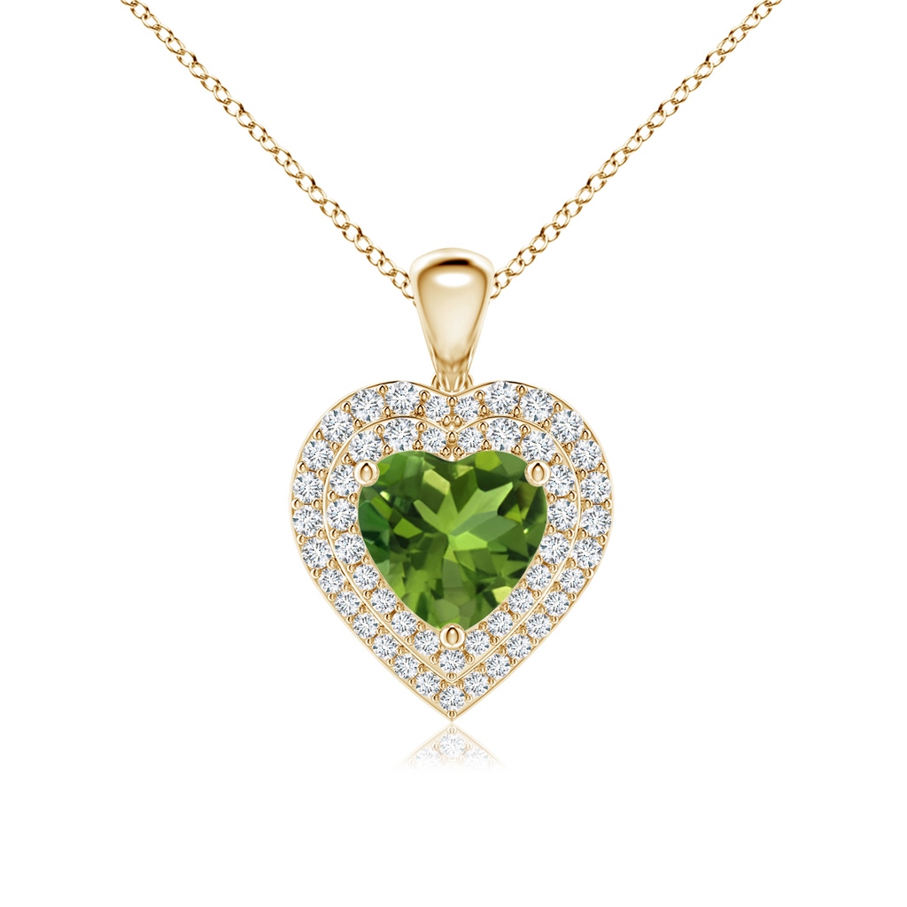 7mm AAAA Peridot Heart Pendant with Diamond Double Halo in Yellow Gold