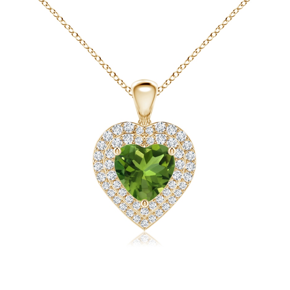 7mm AAAA Peridot Heart Pendant with Diamond Double Halo in Yellow Gold 