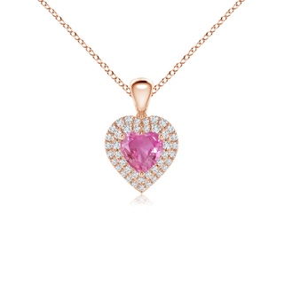 5mm AAA Pink Sapphire Heart Pendant with Diamond Double Halo in Rose Gold