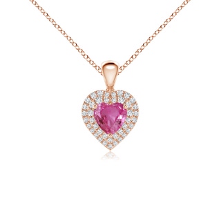 5mm AAAA Pink Sapphire Heart Pendant with Diamond Double Halo in Rose Gold