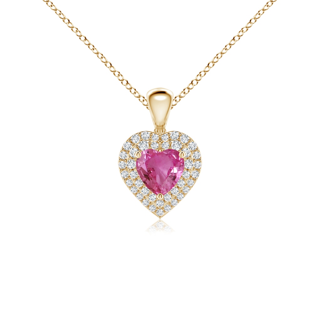 5mm AAAA Pink Sapphire Heart Pendant with Diamond Double Halo in Yellow Gold