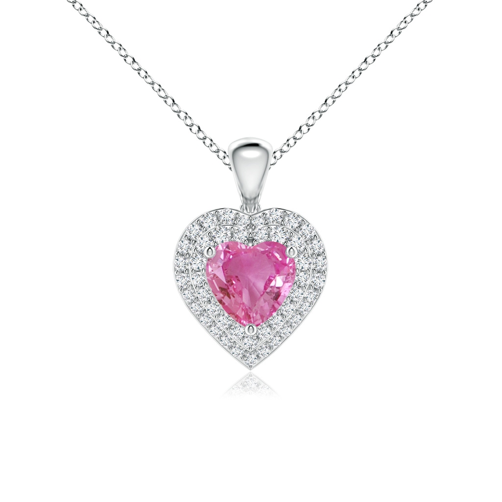 6mm AAA Pink Sapphire Heart Pendant with Diamond Double Halo in White Gold