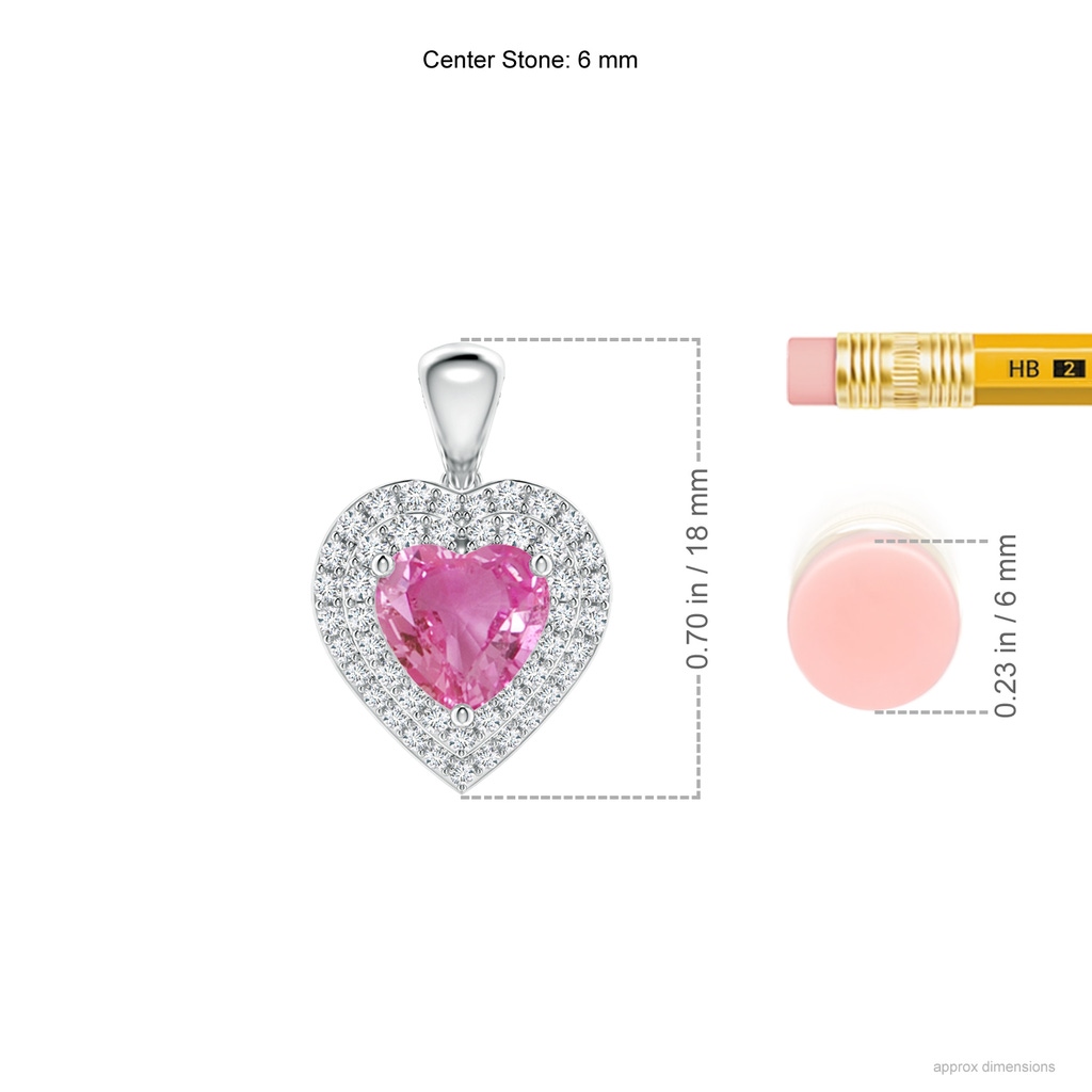 6mm AAA Pink Sapphire Heart Pendant with Diamond Double Halo in White Gold Ruler