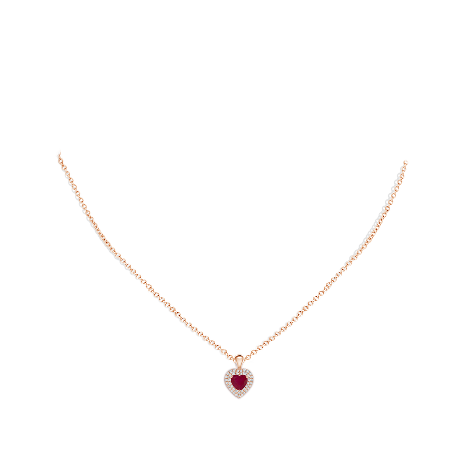 5mm A Ruby Heart Pendant with Diamond Double Halo in Rose Gold body-neck
