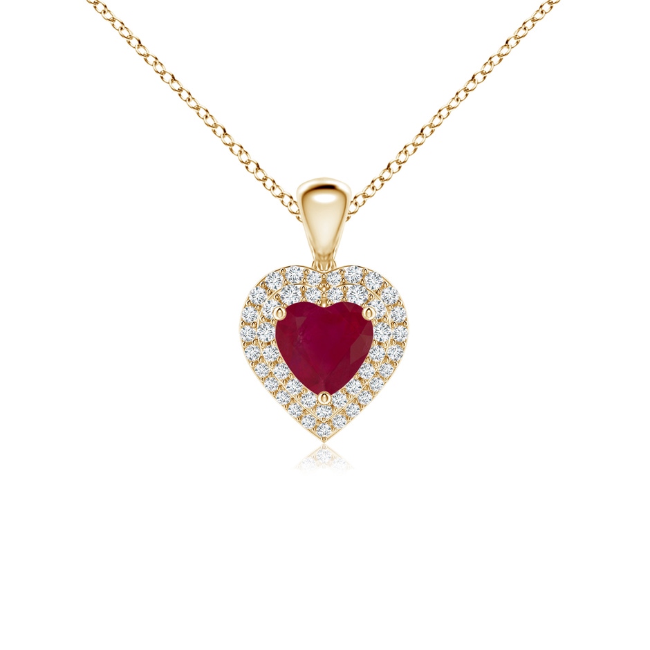 5mm A Ruby Heart Pendant with Diamond Double Halo in Yellow Gold 
