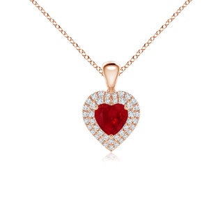 5mm AAA Ruby Heart Pendant with Diamond Double Halo in 10K Rose Gold
