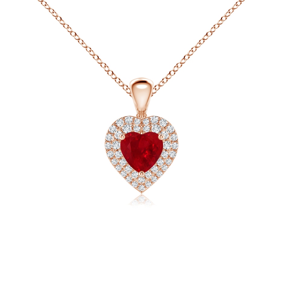 5mm AAA Ruby Heart Pendant with Diamond Double Halo in Rose Gold 