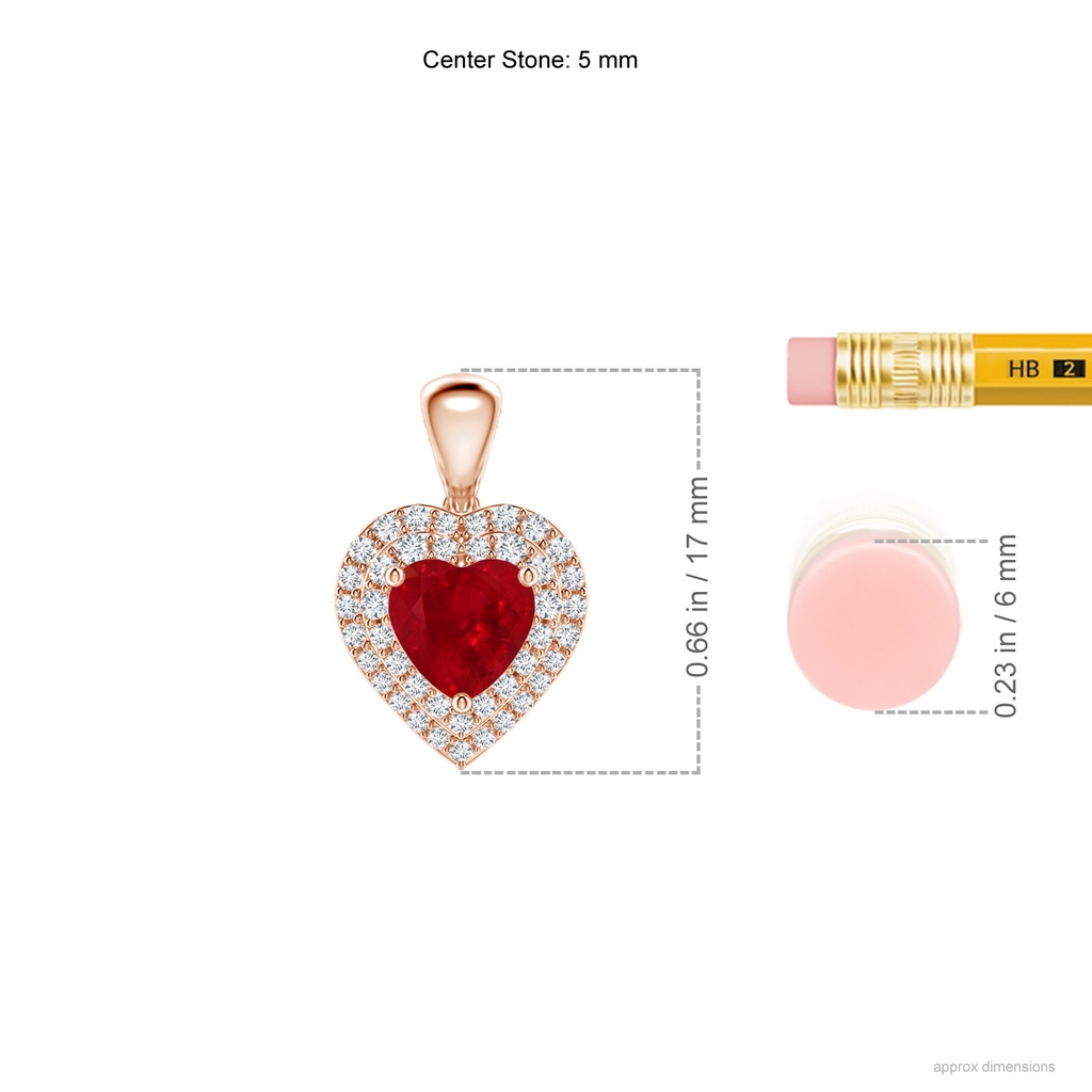 5mm AAA Ruby Heart Pendant with Diamond Double Halo in Rose Gold Ruler