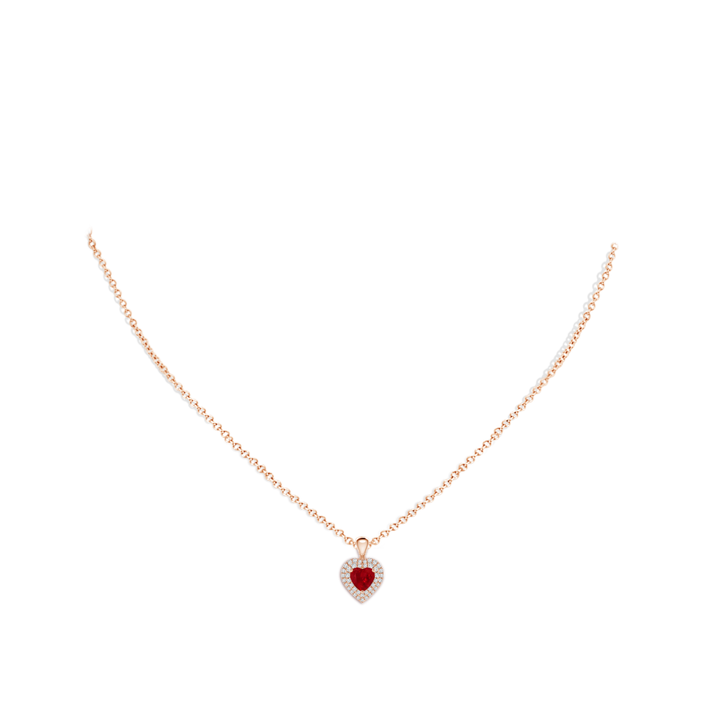 5mm AAA Ruby Heart Pendant with Diamond Double Halo in Rose Gold Body-Neck