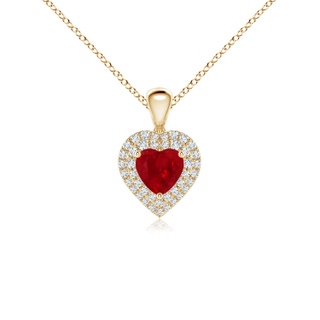 5mm AAA Ruby Heart Pendant with Diamond Double Halo in Yellow Gold