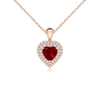 5mm AAAA Ruby Heart Pendant with Diamond Double Halo in 10K Rose Gold