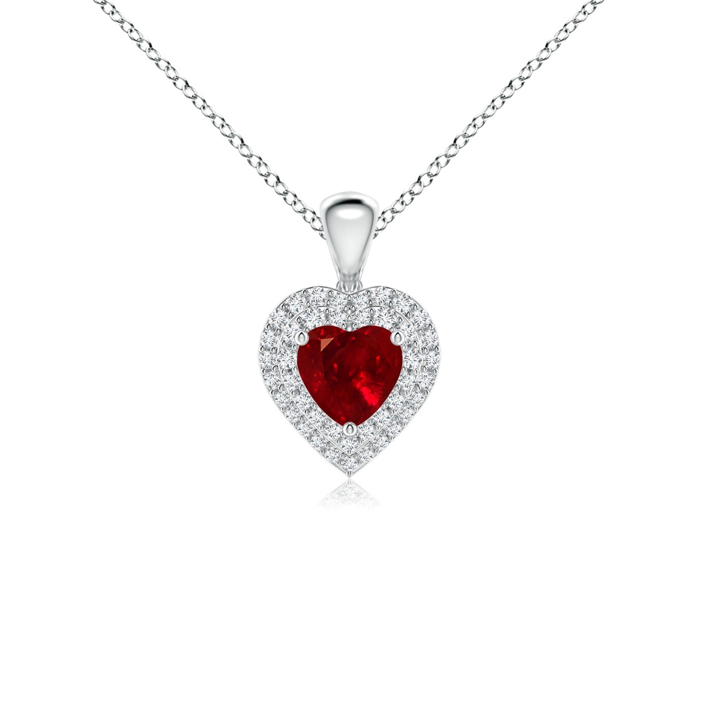 5mm AAAA Ruby Heart Pendant with Diamond Double Halo in White Gold