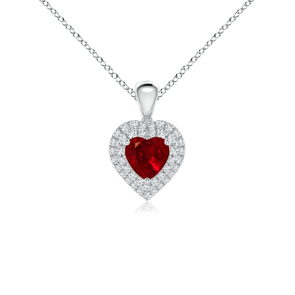 5mm AAAA Ruby Heart Pendant with Diamond Double Halo in White Gold 