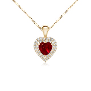 5mm AAAA Ruby Heart Pendant with Diamond Double Halo in Yellow Gold