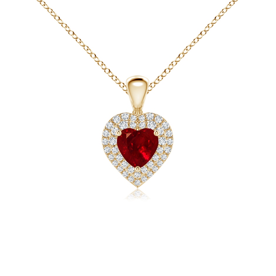 5mm AAAA Ruby Heart Pendant with Diamond Double Halo in Yellow Gold 