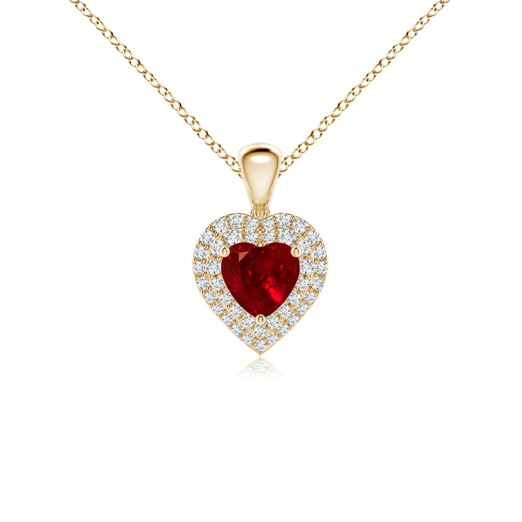5mm AAAA Ruby Heart Pendant with Diamond Double Halo in Yellow Gold