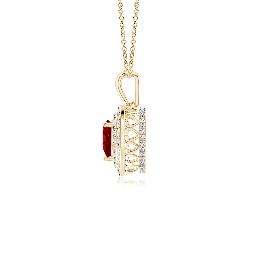 5mm AAAA Ruby Heart Pendant with Diamond Double Halo in Yellow Gold Side-1