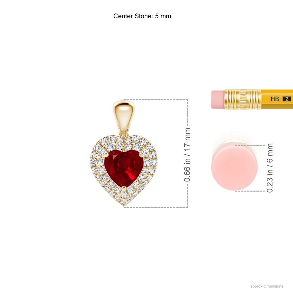 5mm AAAA Ruby Heart Pendant with Diamond Double Halo in Yellow Gold Ruler