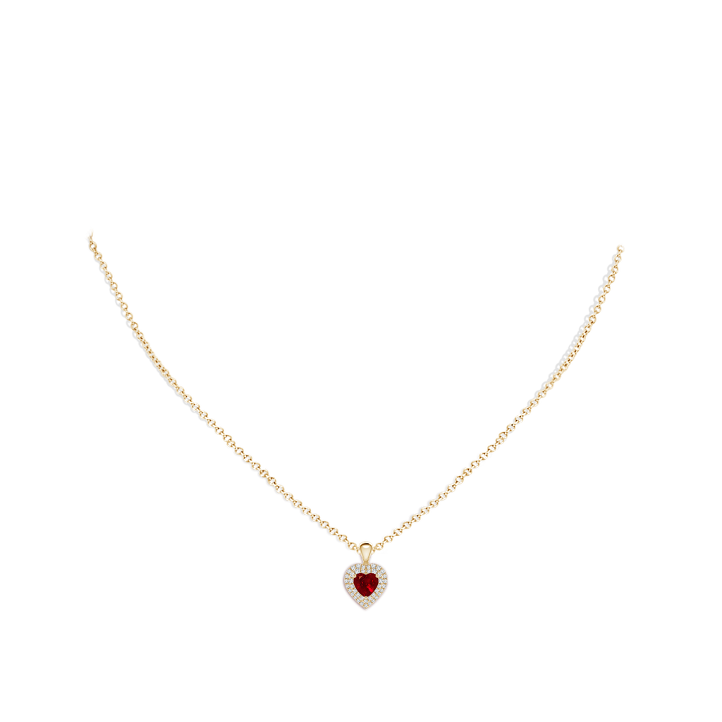 5mm AAAA Ruby Heart Pendant with Diamond Double Halo in Yellow Gold Body-Neck