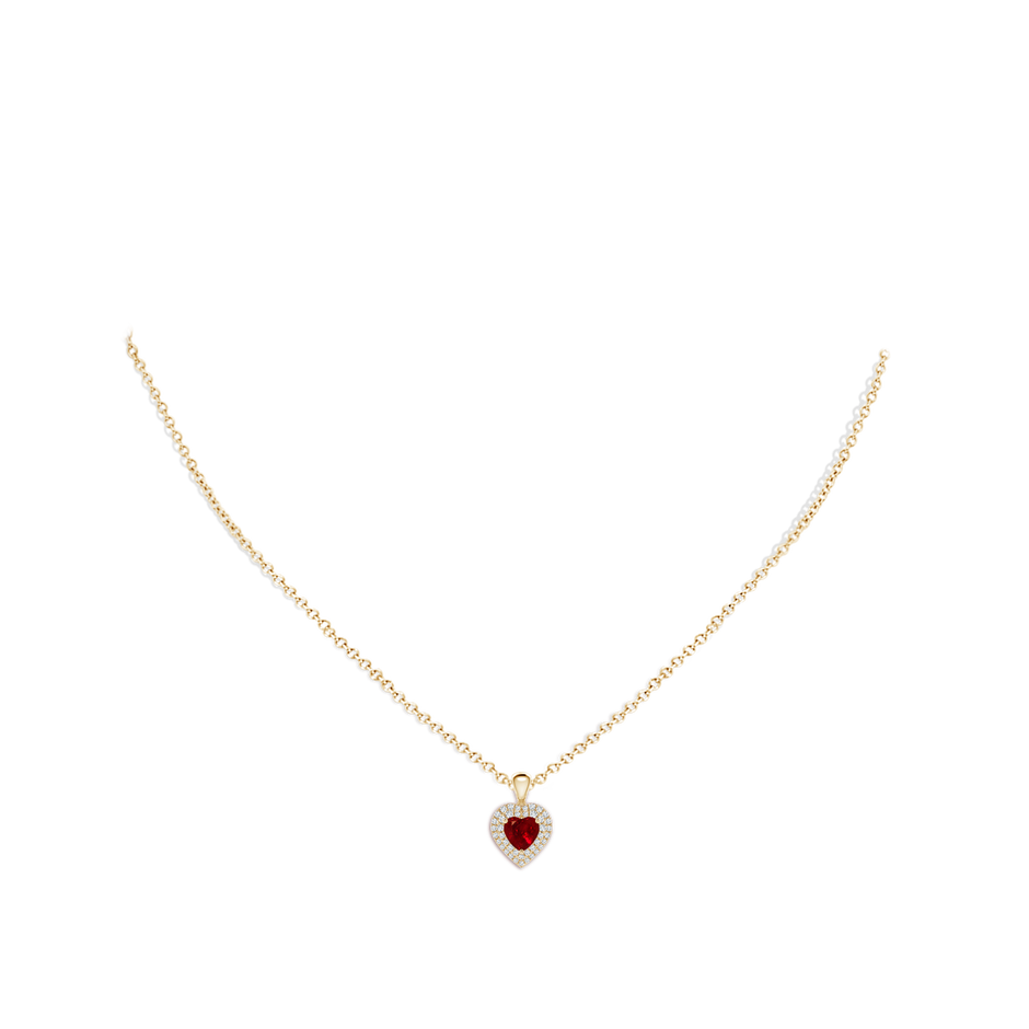 5mm AAAA Ruby Heart Pendant with Diamond Double Halo in Yellow Gold body-neck