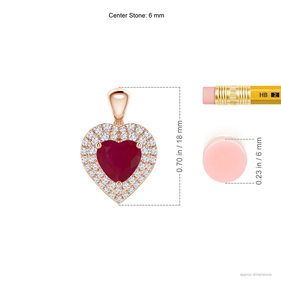 6mm A Ruby Heart Pendant with Diamond Double Halo in Rose Gold ruler