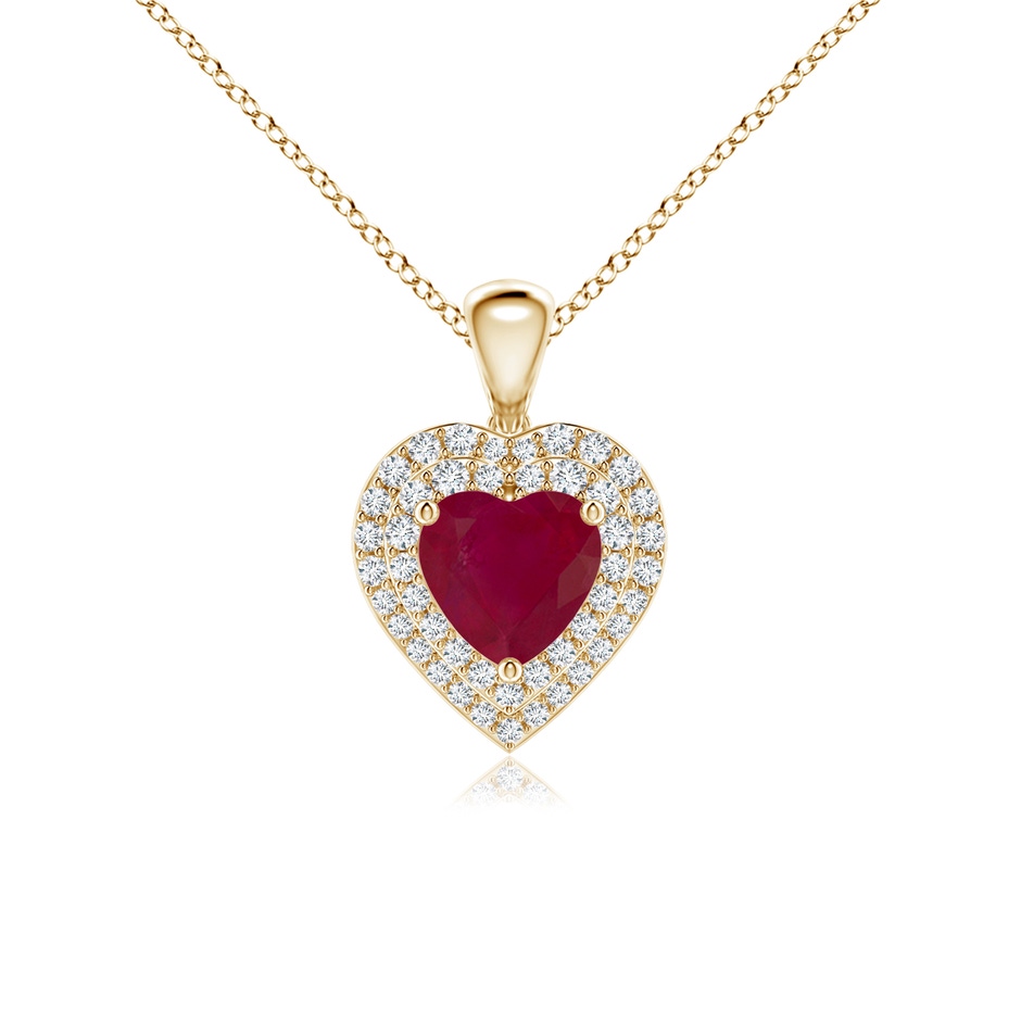 6mm A Ruby Heart Pendant with Diamond Double Halo in Yellow Gold 