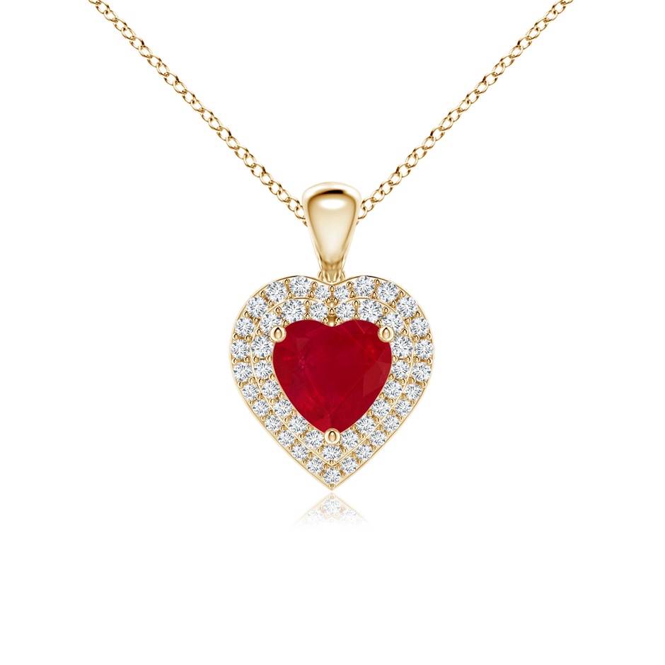 6mm AA Ruby Heart Pendant with Diamond Double Halo in Yellow Gold 