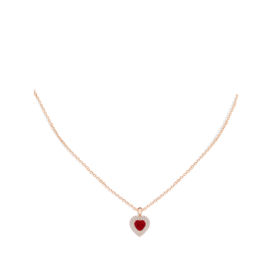 6mm AAA Ruby Heart Pendant with Diamond Double Halo in Rose Gold body-neck