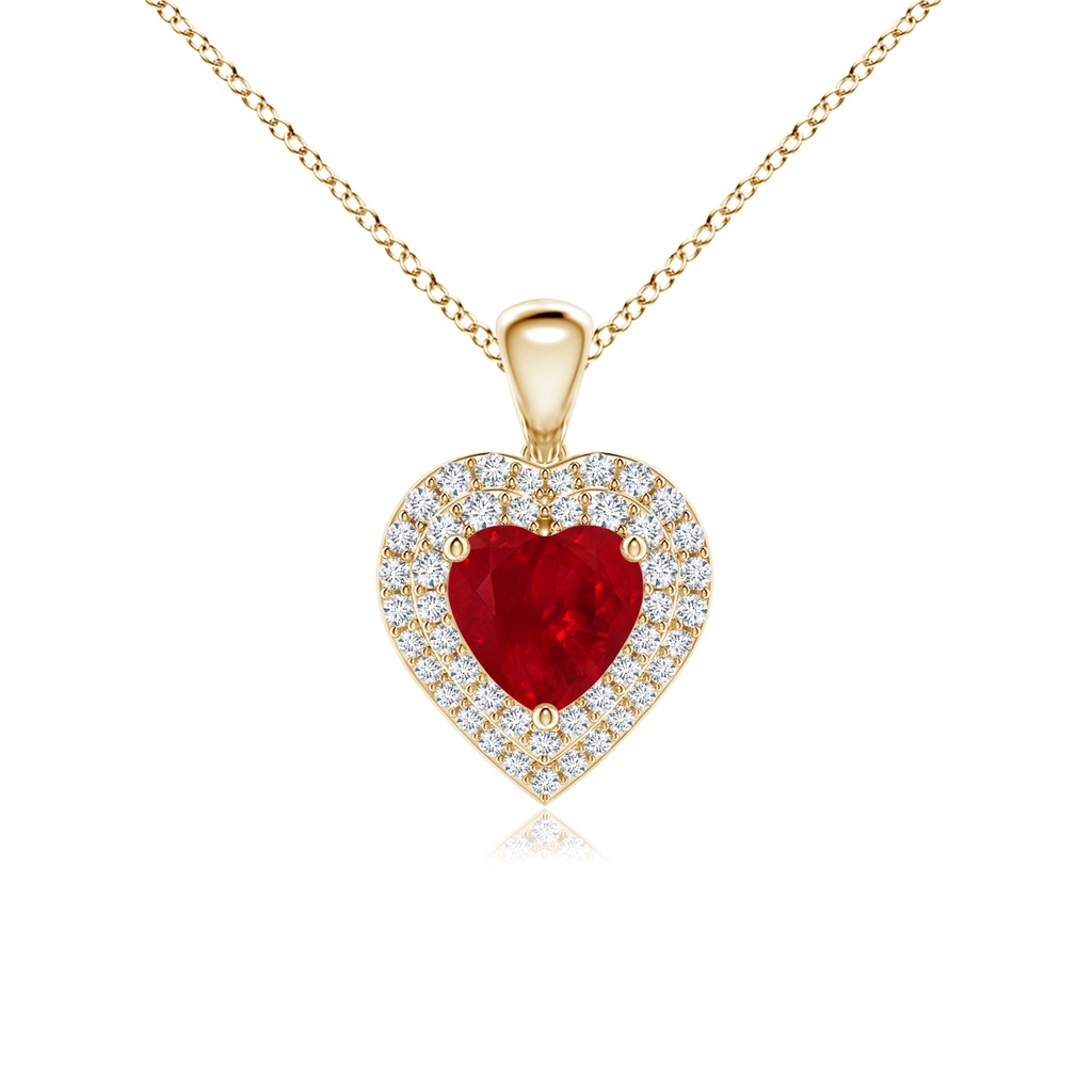 6mm AAA Ruby Heart Pendant with Diamond Double Halo in Yellow Gold 