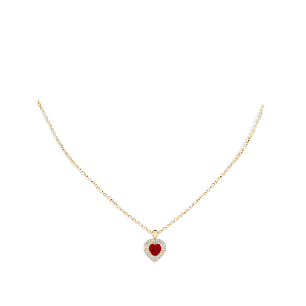 6mm AAA Ruby Heart Pendant with Diamond Double Halo in Yellow Gold Body-Neck