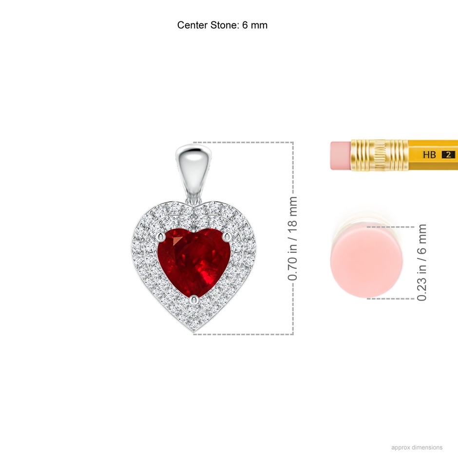 6mm AAAA Ruby Heart Pendant with Diamond Double Halo in P950 Platinum ruler