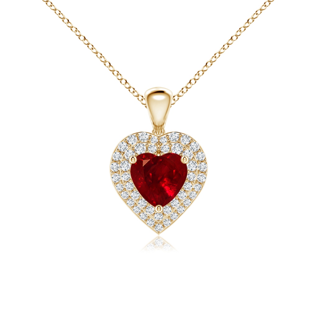 6mm AAAA Ruby Heart Pendant with Diamond Double Halo in Yellow Gold 