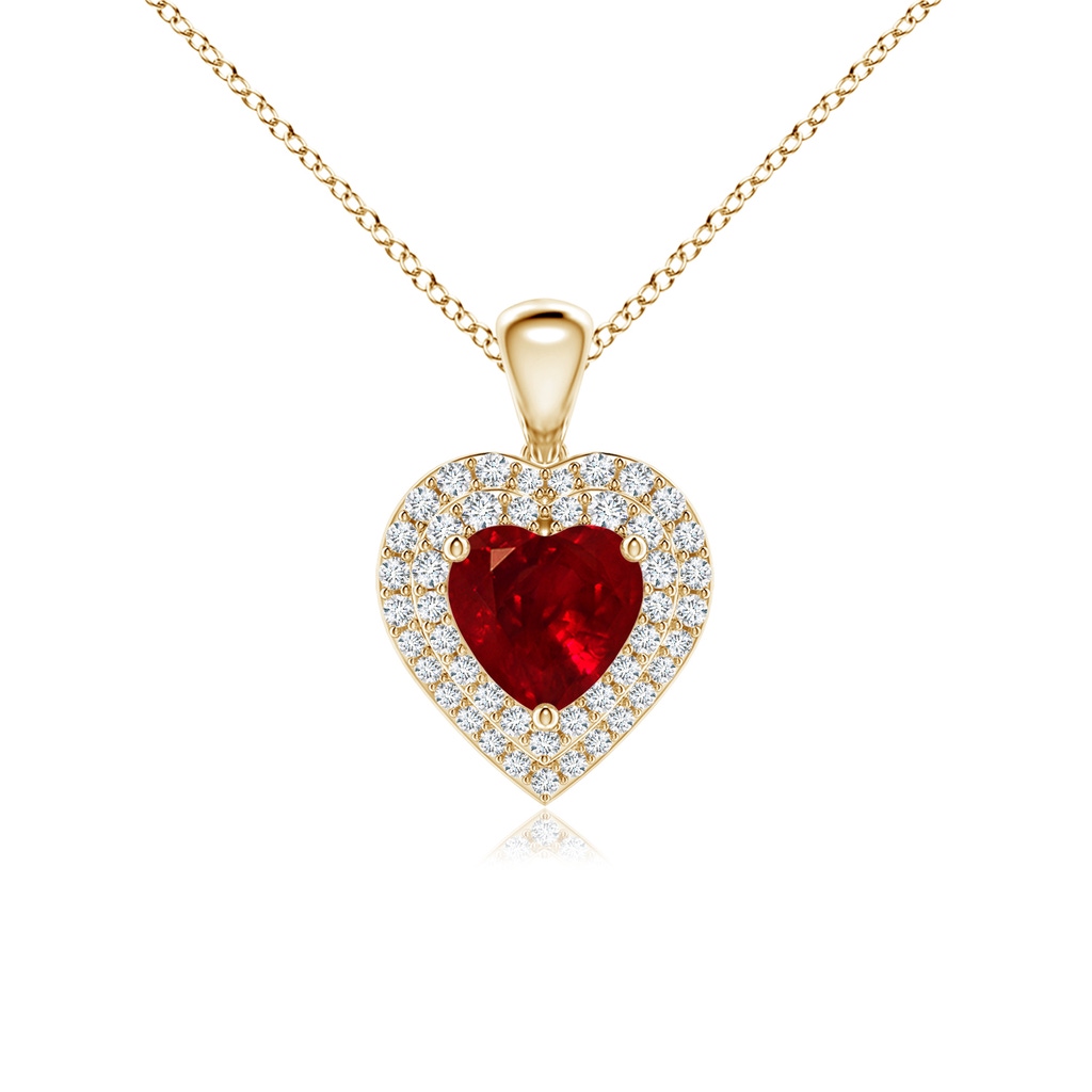 6mm AAAA Ruby Heart Pendant with Diamond Double Halo in Yellow Gold