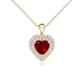 6mm AAAA Ruby Heart Pendant with Diamond Double Halo in Yellow Gold