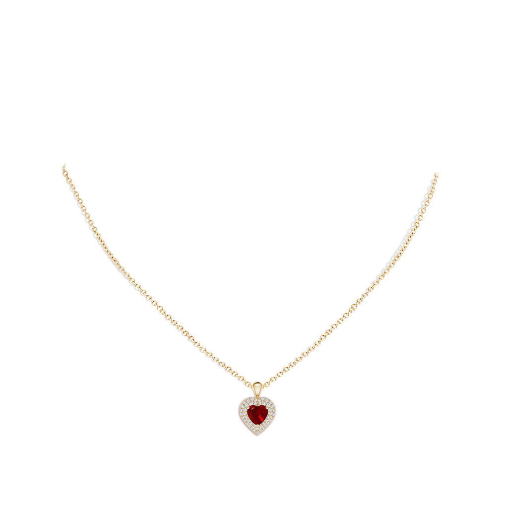 6mm AAAA Ruby Heart Pendant with Diamond Double Halo in Yellow Gold Body-Neck