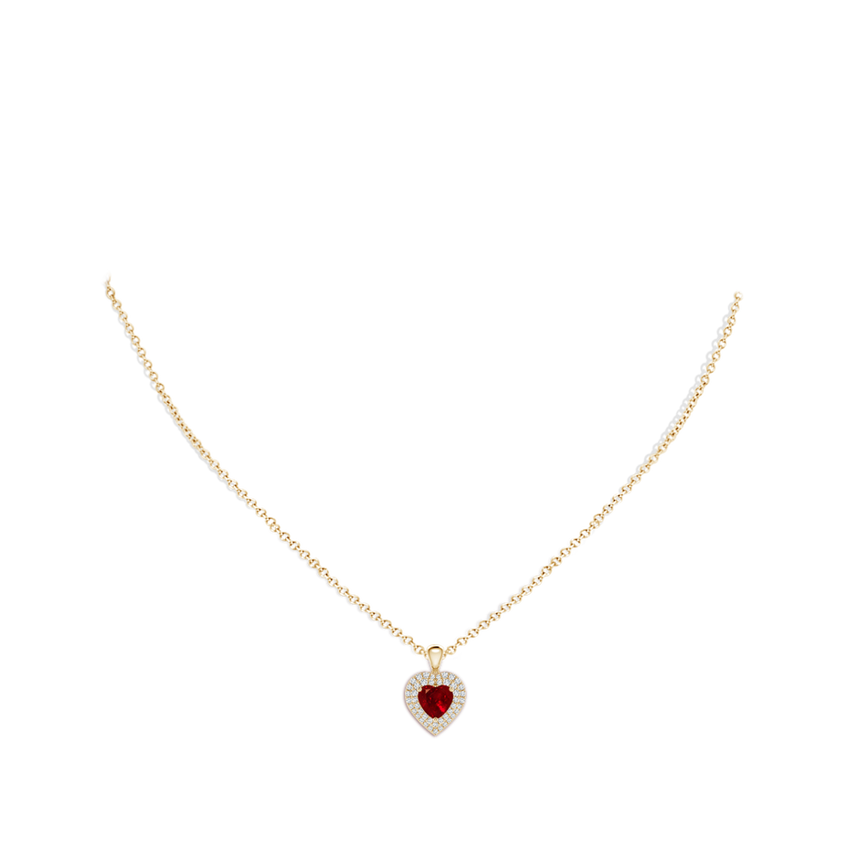 6mm AAAA Ruby Heart Pendant with Diamond Double Halo in Yellow Gold body-neck