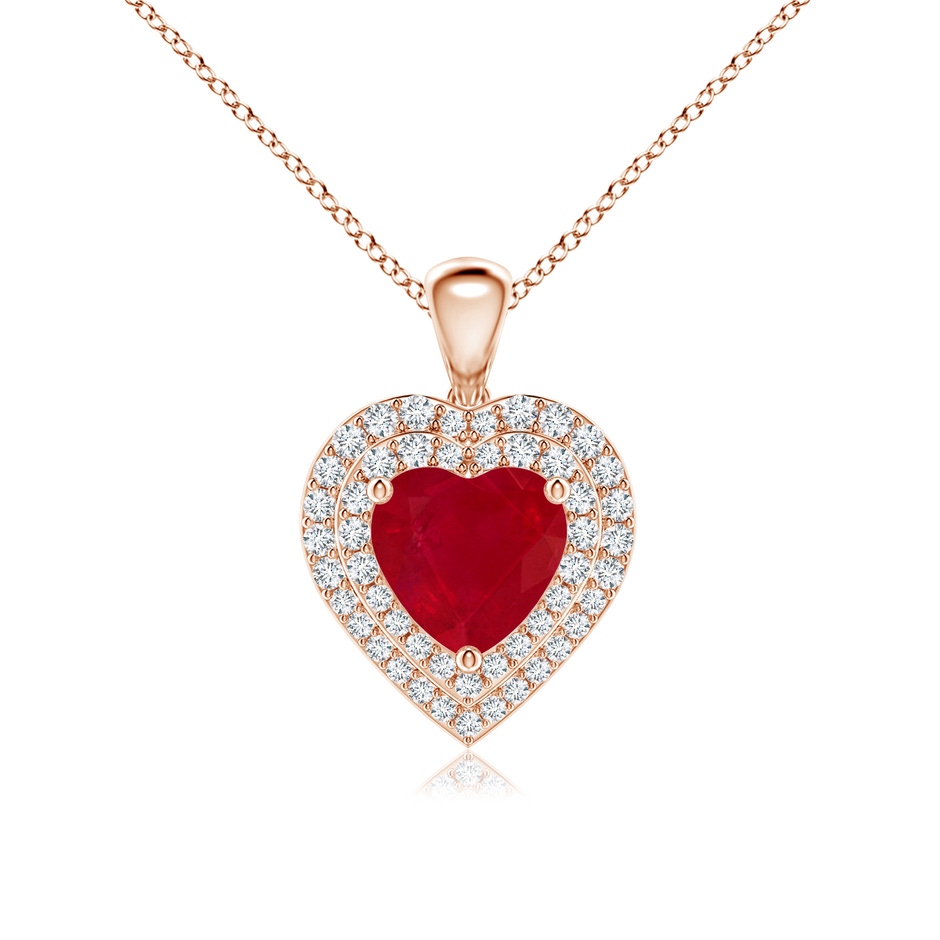 7mm AA Ruby Heart Pendant with Diamond Double Halo in Rose Gold 