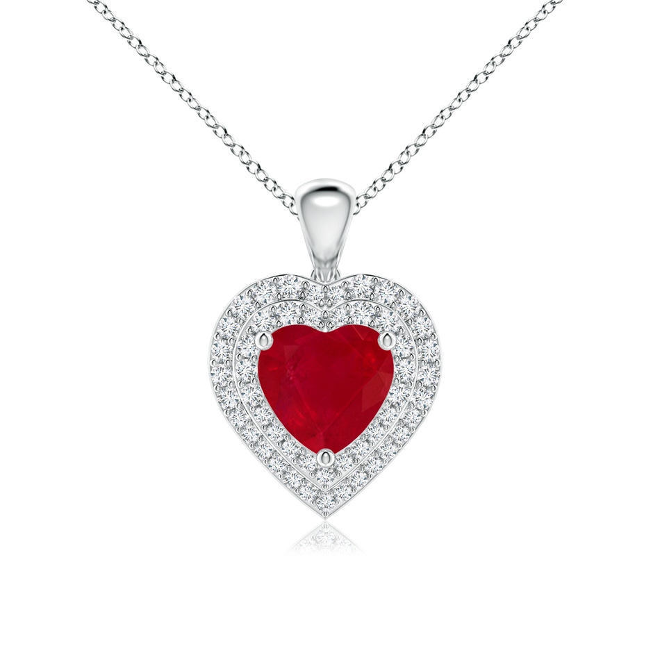 7mm AA Ruby Heart Pendant with Diamond Double Halo in White Gold 