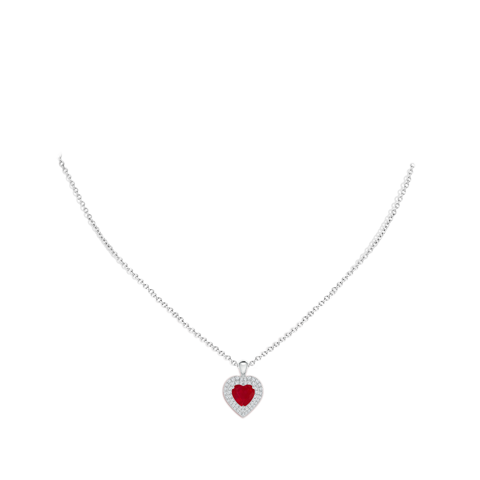 7mm AA Ruby Heart Pendant with Diamond Double Halo in White Gold body-neck