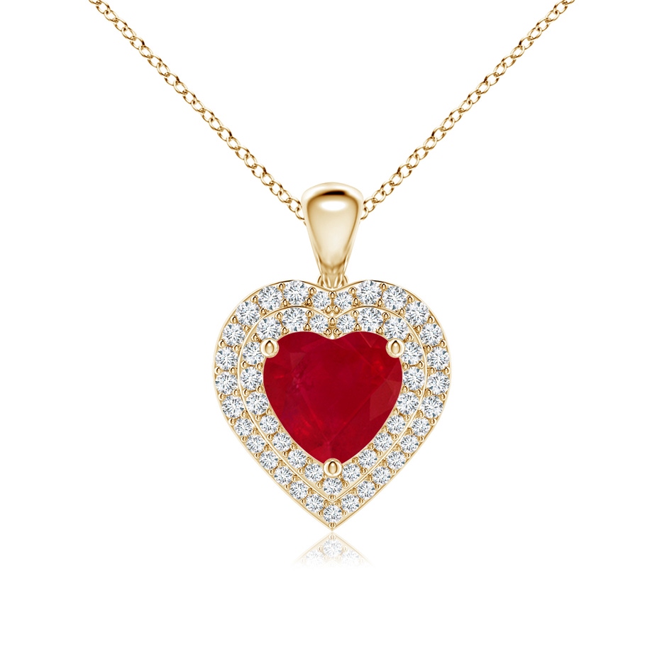 7mm AA Ruby Heart Pendant with Diamond Double Halo in Yellow Gold 