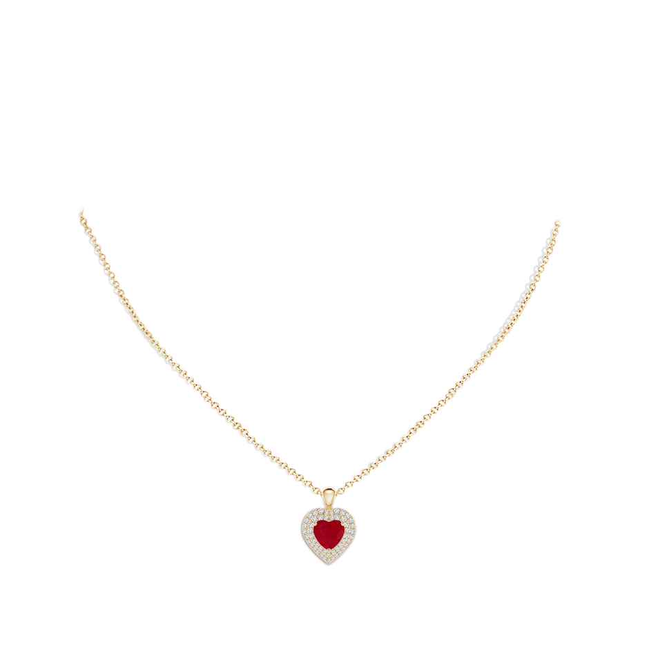7mm AA Ruby Heart Pendant with Diamond Double Halo in Yellow Gold body-neck