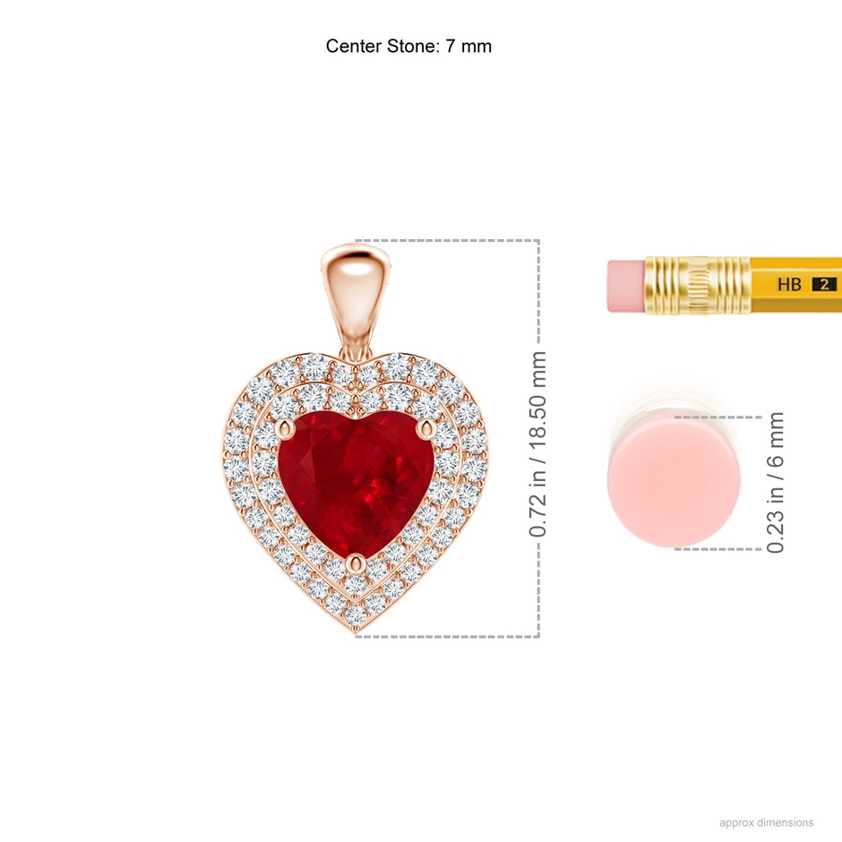 7mm AAA Ruby Heart Pendant with Diamond Double Halo in Rose Gold ruler