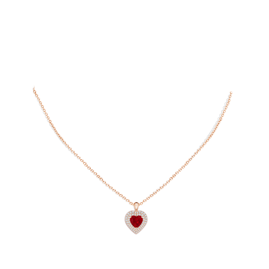 7mm AAA Ruby Heart Pendant with Diamond Double Halo in Rose Gold body-neck