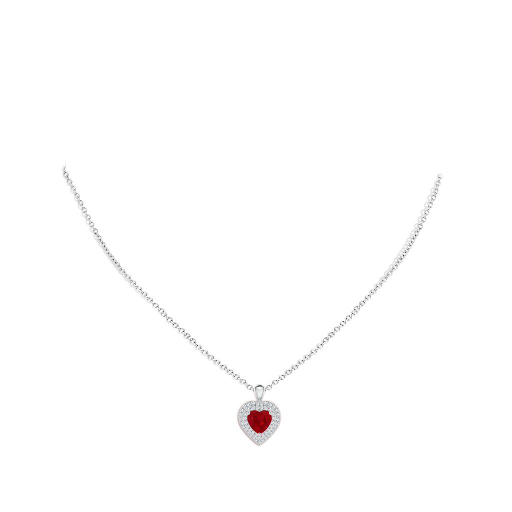 7mm AAA Ruby Heart Pendant with Diamond Double Halo in White Gold Body-Neck